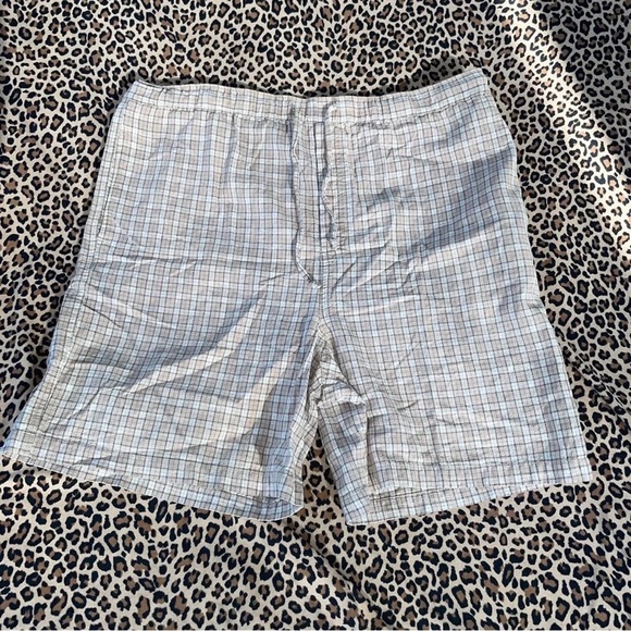 Vintage Shorts Large Linen Blend Plaid Drawstring Adjustable Waist Tan Pockets - Picture 2 of 6